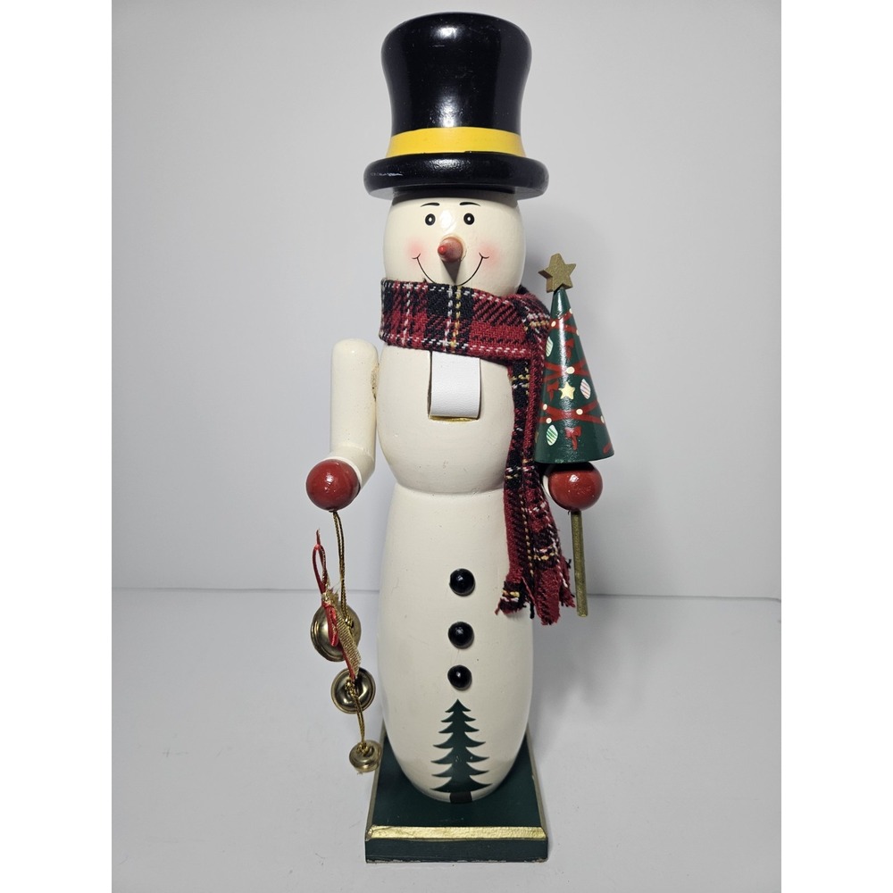 Wooden Snowman Nutcracker Figurine Christmas Holiday Top Hat Sleigh Bells 13"